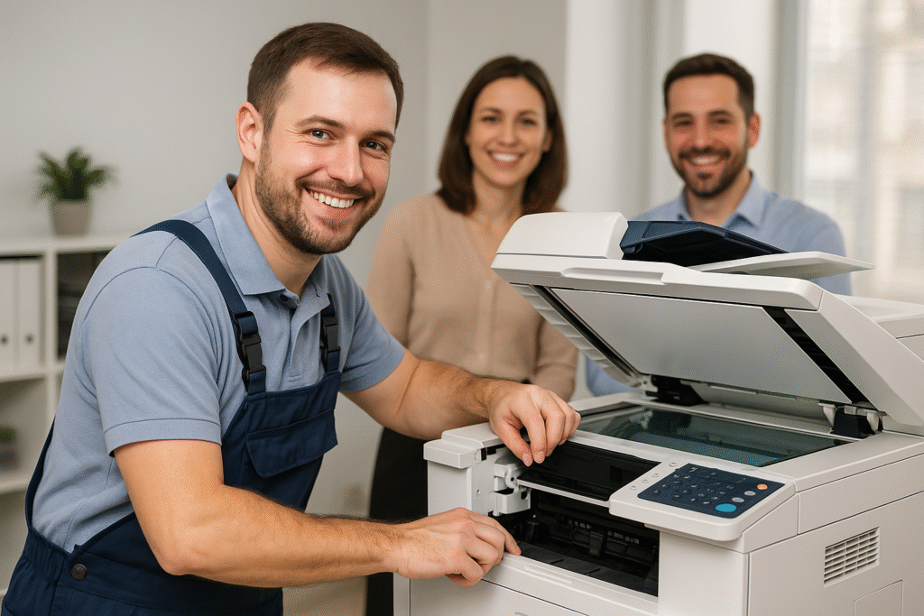 Xerox Yazıcı Tamir Ankara Ofis ortamında Xerox fotokopi makinesi tamiri yapan teknisyen ve memnun müşteriler – yerinde teknik servis hizmeti sonrası mutlu kullanıcılar