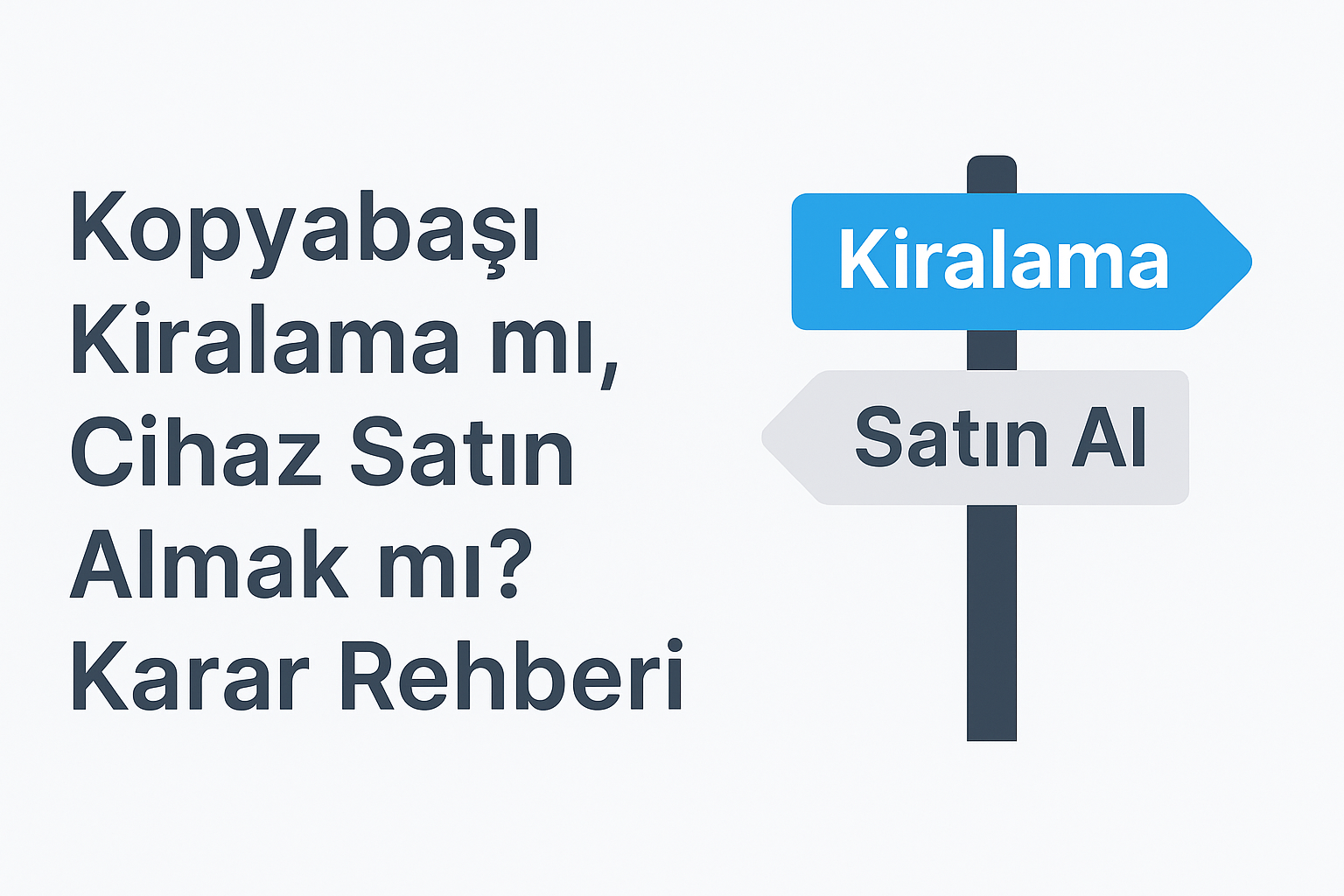 Kopyabaşı Yazıcı Kiralama Kopyabaşı kiralama mı, cihaz satın almak mı?" başlıklı görselde, sağ tarafta yön levhası şeklinde yerleştirilmiş mavi "Kiralama" ve gri "Satın Al" tabelaları yer alıyor.