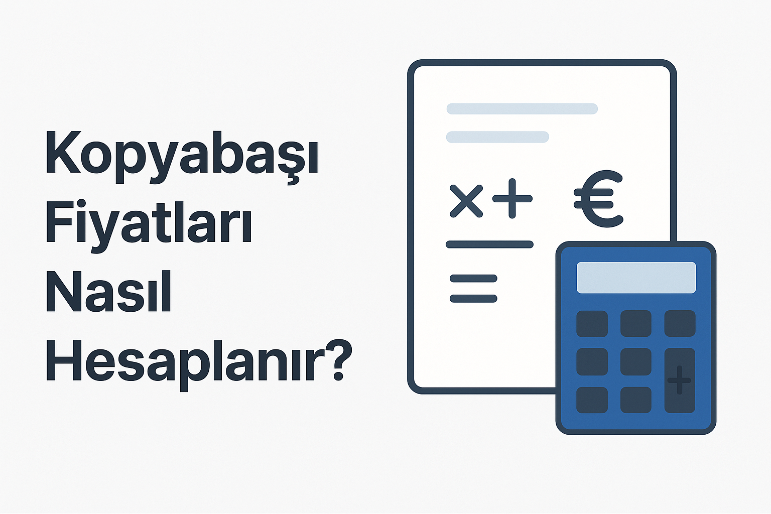 Ankara Fotokopi Kopyabaşı Kiralama "Kopyabaşı fiyatları nasıl hesaplanır?" başlığıyla birlikte, sağda mavi hesap makinesi ve üzerine işlem simgeleri çizilmiş bir fatura belgesi bulunan düz, sade grafik illüstrasyonu.