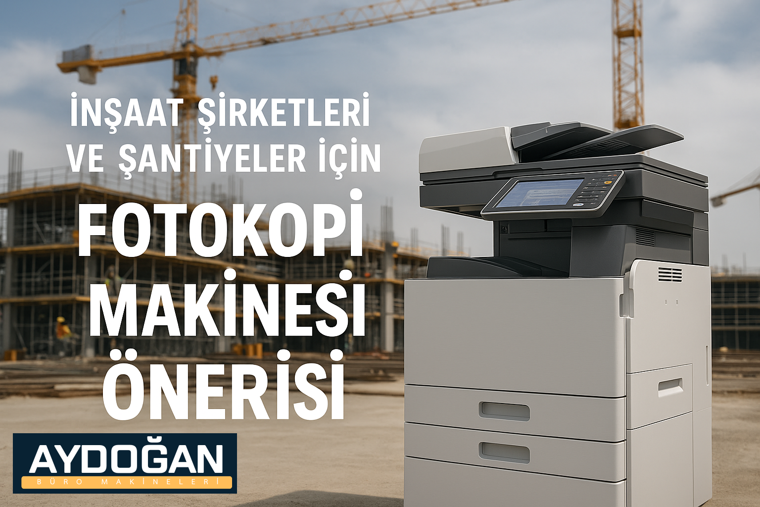 Şantiye ortamında konumlandırılmış çok fonksiyonlu bir fotokopi makinesi; arka planda inşaat halindeki bina ve kule vinçler, önde ise modern bir yazıcı cihazı yer almakta. Üzerinde 'İnşaat Şirketleri ve Şantiyeler için Fotokopi Makinesi Önerisi' yazısı yer alıyor.