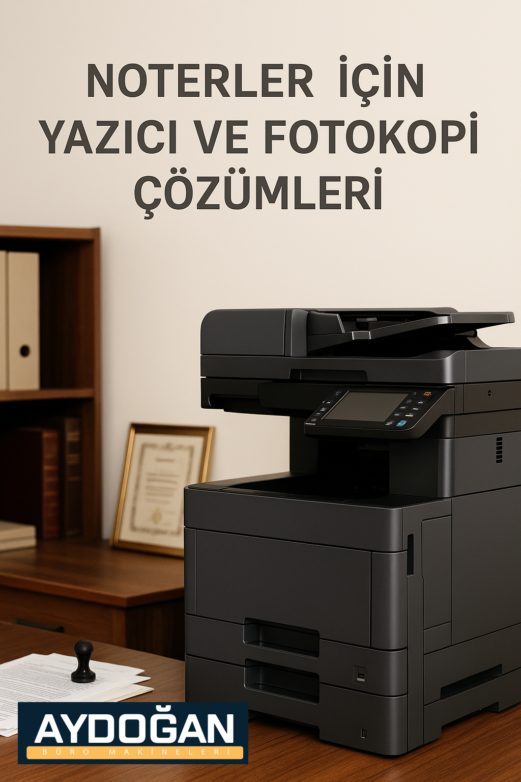 Noter ofisinde konumlandırılmış modern fotokopi makinesi, arka planda klasörler ve sertifikalarla birlikte profesyonel bir ortam sunuyor; üstte başlık yer alıyor.