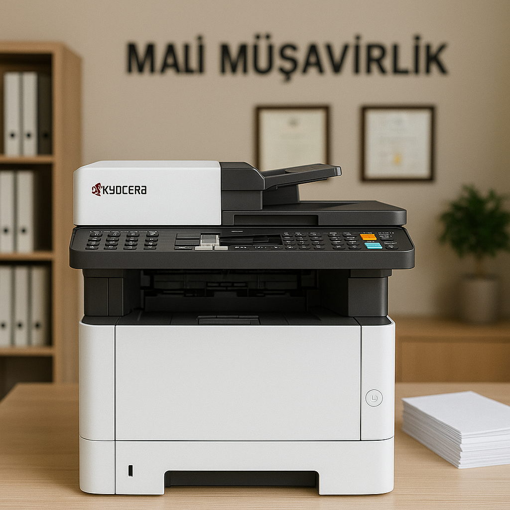 Mali Müşavirler İçin Fotokopi Makinesi Mali müşavirlik ofisinde bir masa üzerine yerleştirilmiş Kyocera çok fonksiyonlu fotokopi makinesi, arka planda çerçeveli belgeler, klasör dolabı ve “Mali Müşavirlik” yazısı ile profesyonel bir ortam sunuyor.