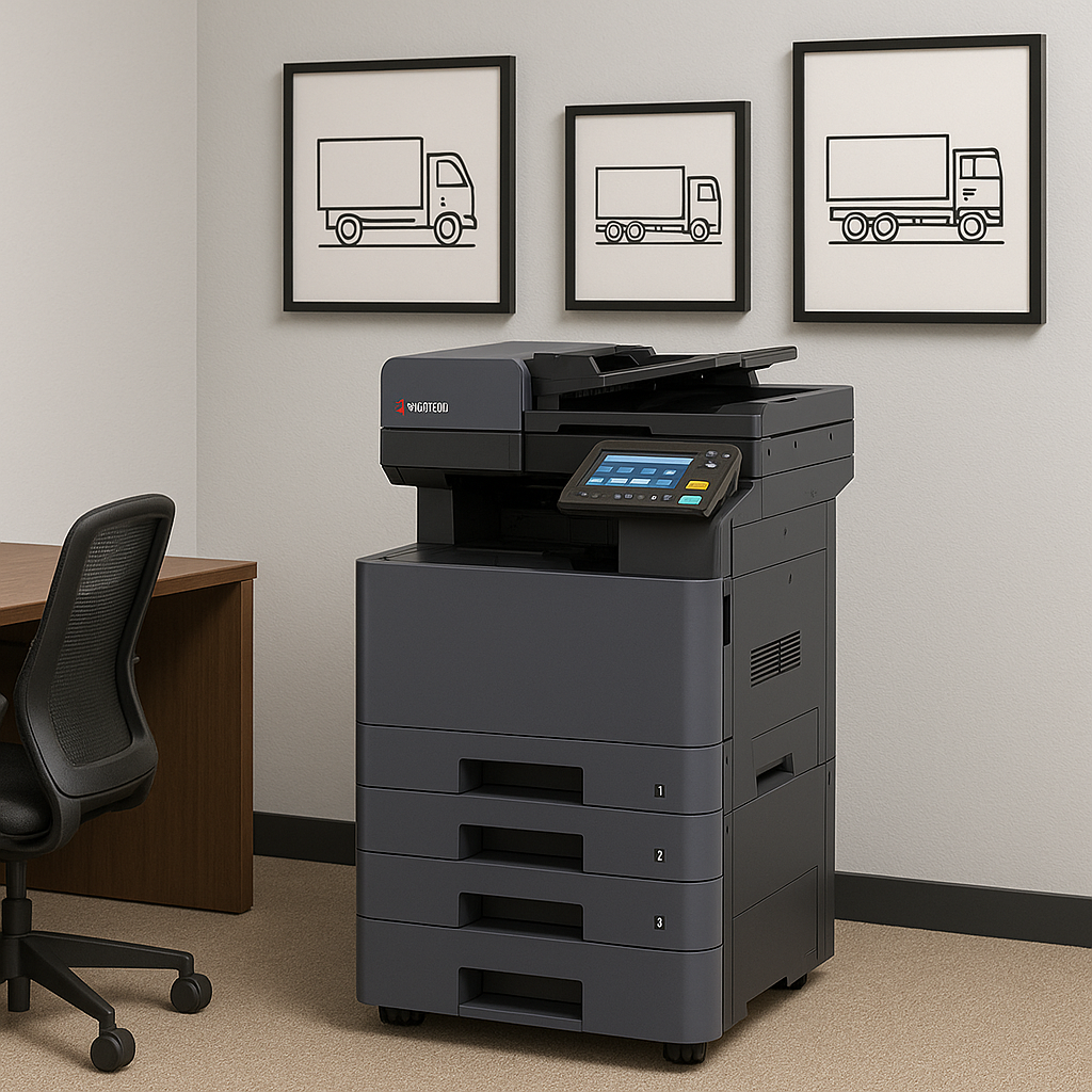 Modern bir ofis ortamında, üç adet tır çizimi içeren çerçeveli tabloların önünde konumlanmış Kyocera marka çok fonksiyonlu fotokopi makinesi yer almakta. Yanında ahşap bir masa ve siyah bir ofis sandalyesi bulunuyor. Görsel, lojistik sektörüne uygun profesyonel ve düzenli bir çalışma alanını yansıtmaktadır.