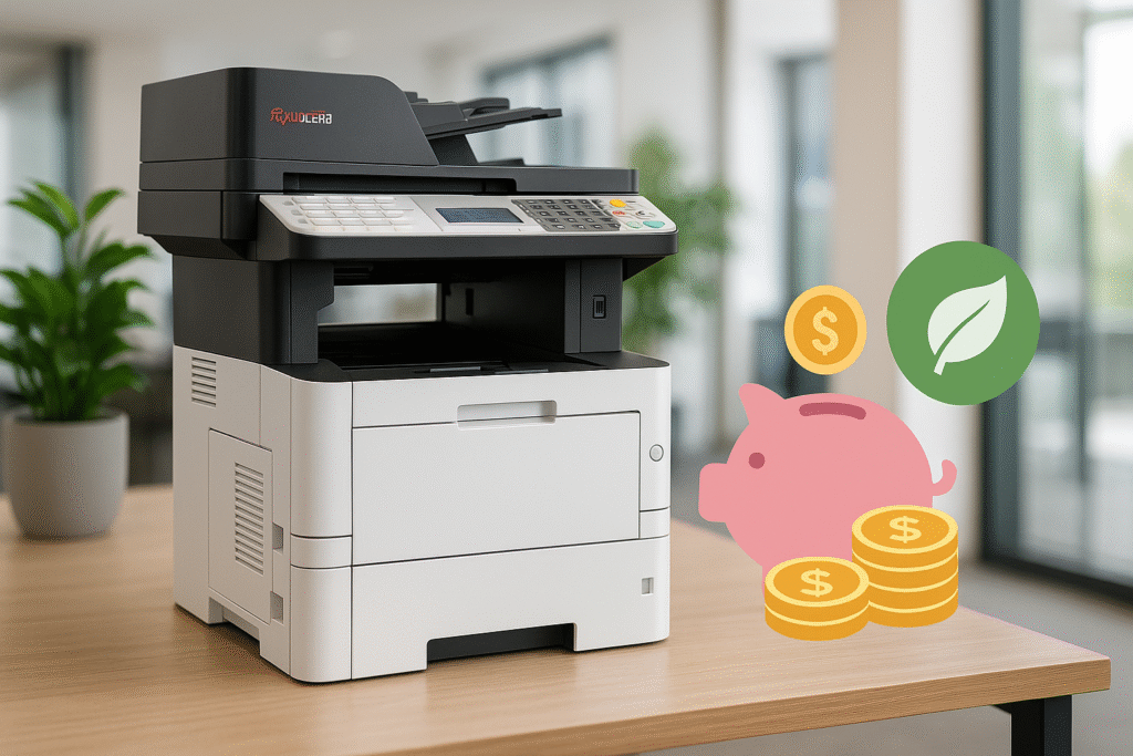 Açık renkli ahşap bir ofis masası üzerinde sol tarafta siyah-beyaz Kyocera çok fonksiyonlu bir fotokopi makinesi; arka planda bulanık ofis iç mekanı ve saksıda yeşil bir bitki; sağ alt köşede pembe kumbara, yığılı altın madeni paralar ve yeşil yaprak simgesiyle tasarruf ve çevre dostu fotokopi kiralama hizmeti vurgulanıyor.