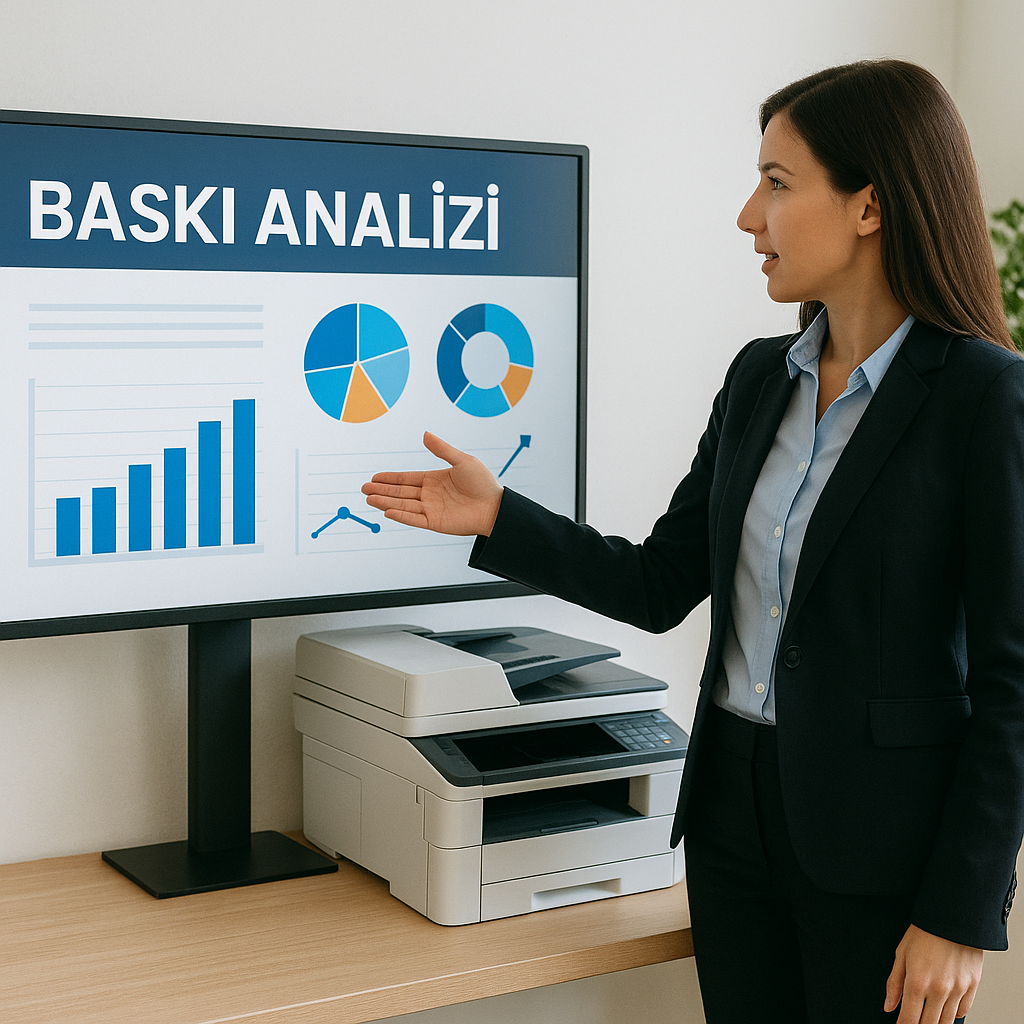 Fotokopi Kiralama Analizi Ofis ortamında, “Baskı Analizi” başlıklı grafikler ve pasta diyagramları gösteren büyük bir ekrana işaret eden takım elbiseli bir kadın; ekranın altında bir masada modern bir fotokopi makinesi duruyor.
