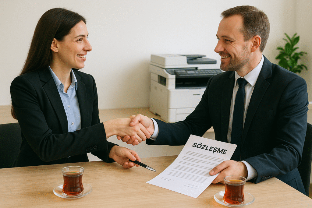 Kiralık Fotokopi Ankara Aydoğan Büro Görselde, modern bir ofis ortamında masa etrafında oturan iş insanları: sağdaki erkek müşteri, solundaki kadın patronla el sıkışıyor. Masada iki çay bardağı ve önlerinde “Sözleşme” başlıklı belge bulunuyor. Arkada, fotokopi makinesi ve yeşil bir bitki ile samimi bir atmosfer oluşturulmuş.
