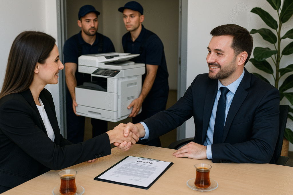 Ankara Fotokopi Kiralama Modern bir ofis odasında, masa başında el sıkışan patron (sağda takım elbiseli erkek) ve müşteri (solda takım elbiseli kadın); masada “Sözleşme” belgesi ve iki çay bardağı; arkada kapıdan içeri fotokopi makinesini iki teknisyen taşıyor, sağ köşede bitki.