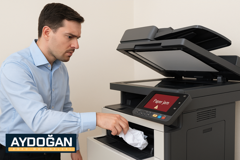 Fotokopi makinesinde meydana gelen kağıt sıkışması hatasını kontrol eden erkek personel; makinenin ekranında 'Paper jam' (kağıt sıkışması) uyarısı görünüyor.