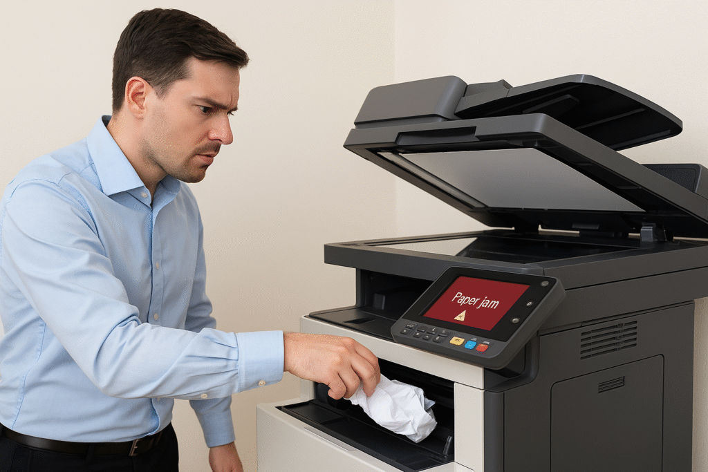 Fotokopi makinesinde meydana gelen kağıt sıkışması hatasını kontrol eden erkek personel; makinenin ekranında 'Paper jam' (kağıt sıkışması) uyarısı görünüyor.